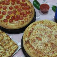 Combo 9 · 1 Large round cheese pizza +1 large round pepperoni pizza+10 pies garlic cheese bread and 2 ...