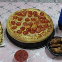 Combo 6 · 1 Large round cheese/pepperoni pizza +10 pieces garlic cheese bread+8 pieces chicken wings a...
