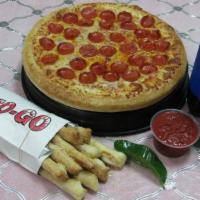Combo 1 · 1 Large round cheese/pepperoni pizza+ 8 pieces bread stick and 2 liter soda.