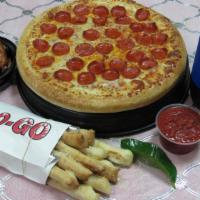 Combo 5 · 1 Large round cheese/pepperoni pizza + 8 pieces garlic sticks 8 pieces chicken wings and 2 l...