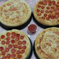 Combo 12 · 2 Large round cheese pizza+2 large round pepperoni pizza+10 pies garlic cheese bread and 2 l...