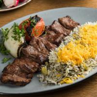 Barg Kebob Dinner · Juicy strips of sirloin marinated in a special age-old recipe. Served with basmati rice, gri...