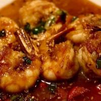 Pan Seared Shrimp · Sesame-ginger sauce with red peppers and green onions