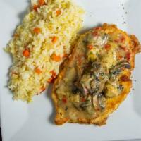 Chicken Monte Carlo · Egg-washed chicken breast sautéed in a lemon-dill sauce with artichokes, mushrooms and red p...