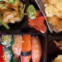 Bento Box Dinner · With shrimp and veggie tempura. Your choice of sushi or sashimi (rice include only with sash...