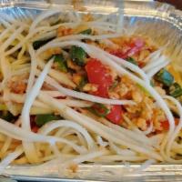 #22. Thai Papaya Salad · Spicy. Thai dishes. Green Papaya Salad Topped with baby tomato, cilantro, crushed peanuts in...