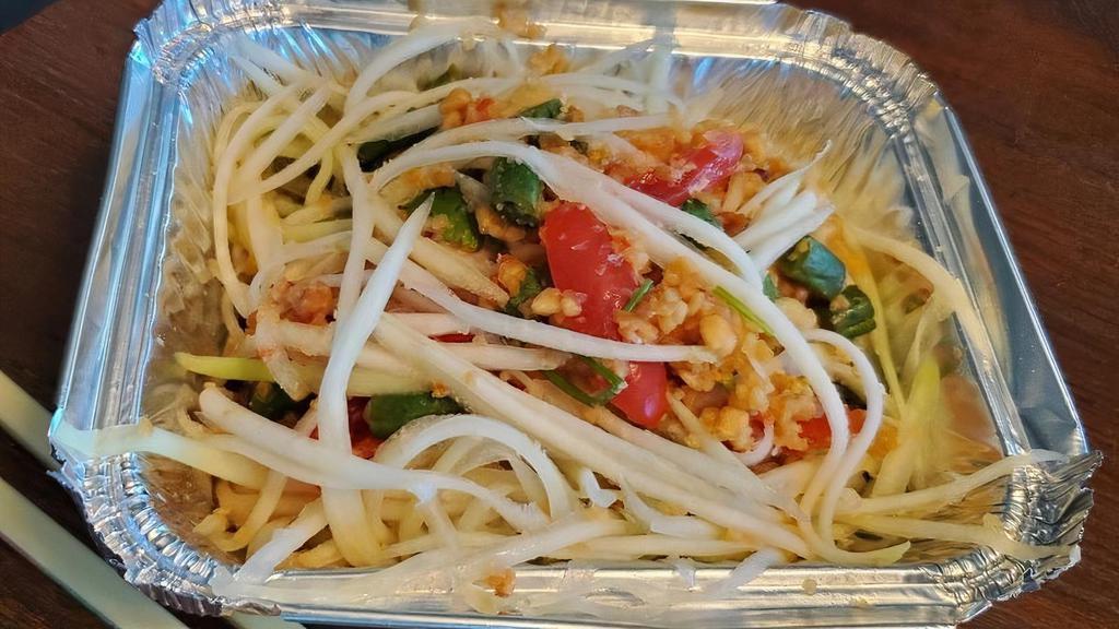 #22. Thai Papaya Salad · Spicy. Thai dishes. Green Papaya Salad Topped with baby tomato, cilantro, crushed peanuts in homemade Lime sauce.
