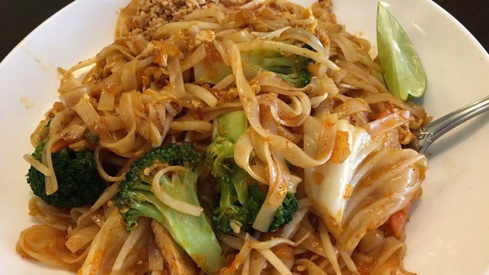 #123. Pad Thai · Spicy. Thai dish. Thin flat rice noodles with tofu and a choice of chicken, pork, beef, shrimp or (a basic set of mixed) vegetable in a sweet and spicy sauce.