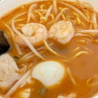 #125. Prawn Mee · Spicy. Round egg noodles with shrimp, chicken, kang Kung (water spinach), bean sprouts, and ...