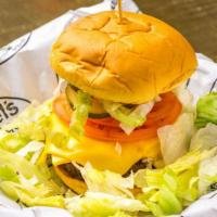 Cheese Burger · Lettuce, tomato, pickles, onions, and American cheese. Served on a potato bun. No substituti...