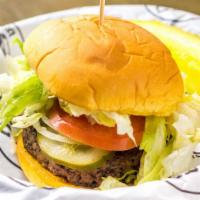 Hamburger · Lettuce, tomato, pickles, and onions. Served on a potato bun. No substitutions. All burgers ...
