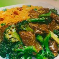Beef Broccoli · Served with fried rice, or white rice, or pork rice, or brown rice and egg roll, and or brow...