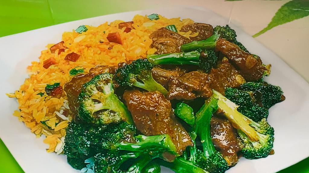 Beef Broccoli · Served with fried rice, or white rice, or pork rice, or brown rice and egg roll, and or brown rice and spring roll.