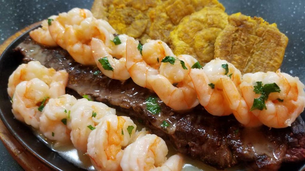 Mar Y Tierra · Skirt steak with shrimp. Choose 2 sides: