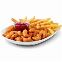 Popcorn Shrimp Basket · Golden crispy popcorn shrimp  served with crispy fries and your choice of dipping sauce