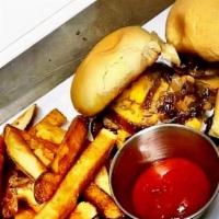 Bso Sliders · Three ground beef patties, cheddar cheese and caramelized onions on a toasted bun with a sid...