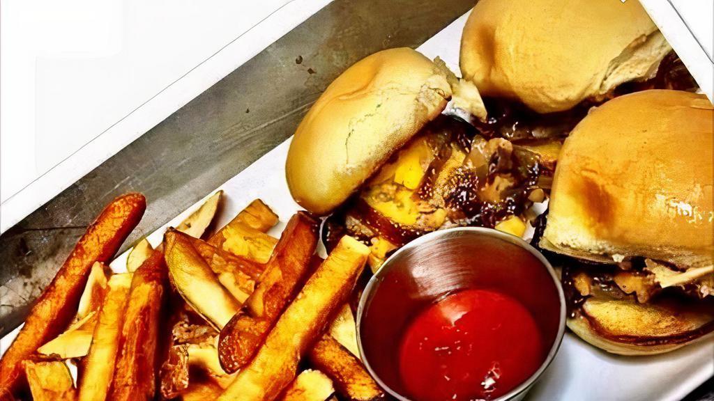 Bso Sliders · Three ground beef patties, cheddar cheese and caramelized onions on a toasted bun with a side of hand-cut fries