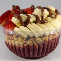 Nutty Bowl · Blended with P.B. fit- topped with strawberries, banana, granola and Nutella or peanut butter.