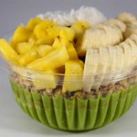 Monster Bowl · Topped with granola, banana, pineapple, coconut flakes and honey or agave.