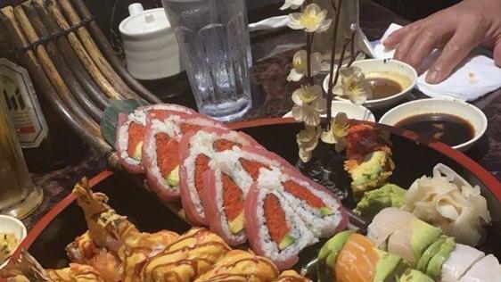 Crazy Friday Roll · Shrimp tempura, lobster salad inside topped with avocado and wasabi mayo, spicy mayo, masago.