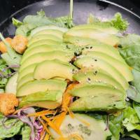 House Avocado Salad · spring mix, cucumber, carrots, sesame seeds, avocado on top served with house ginger sauce