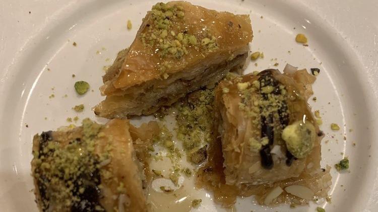 Baklava · 3 pieces of flakey pastry topped with honey (contains nuts).