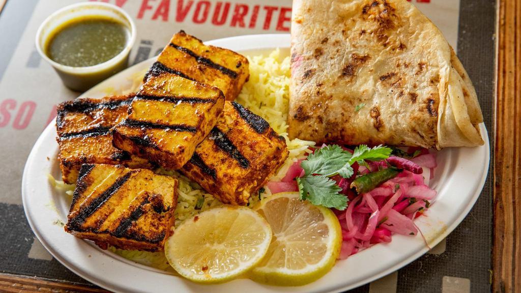 Paneer Tikka Kebab · Served with Onion salad, rice and bread.