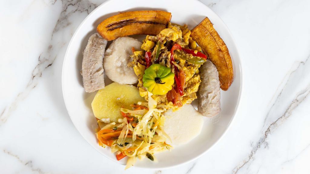 Ackee And Saltfish · Ackee and saltfish is the Jamaican national dish prepared with ackee and salted codfish. A quintessential Jamaican Breakfast made with ackee, salt fish, onions, tomatoes, red bell pepper, then infused with garlic, thyme, and hearty spices Enjoy a glorious taste of Jamaica.