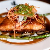 Pan Seared Salmon · Doraku favorites. Seared salmon served with asparagus and grilled Eryngii mushrooms topped w...