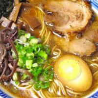 Shoyu Ramen · Pork broth, homemade soy sauce for soup. roasted pork belly, wood ear, bamboo, scallion, and...