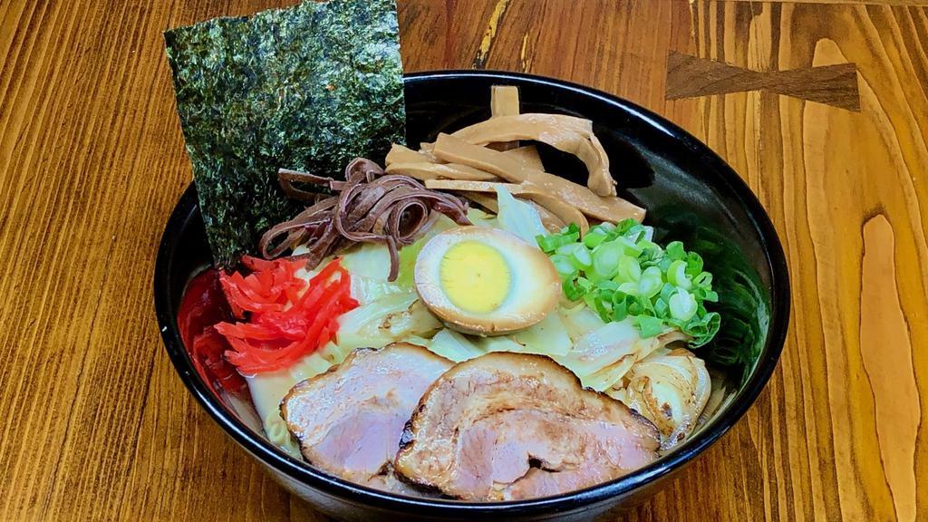 Yaki Ramen (No Soup) · No soup ramen. Sauted mix vegetables with concentrated pork bone broth and homemade spicy sauce. Cabbage with onion, bean sprouts, wood ear, bamboo, scallion, and egg. No noodle substitute.