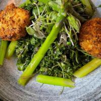 Goat Cheese, Asparagus & Sprouts Salad  · Pistachios wrapped goat cheese with sprouts salad and pea sprouts. Dressed with sesame musta...