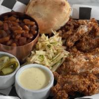 Fried Chicken · Bacon BBQ beans, collard greens with side of house made ranch. Contains dairy, gluten & egg.