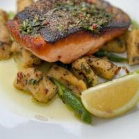 Seared Sea Trout · Spicy gnocchi with dried herbs & peas