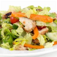 California Chicken Salad · Crispy romaine, red cabbage, fresh cucumbers, tomatoes, avocado, perfectly grilled chicken. ...