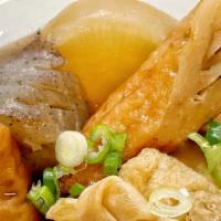 Oden · Assorted fish cake and daikon stew. Traditional combo, includes boiled egg, daikon, chikuwa(...