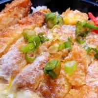 Katsudon (Egg Bath Style) · Your choice of katsu cooked lightly in egg, onion and broth mixture over rice. Traditional J...
