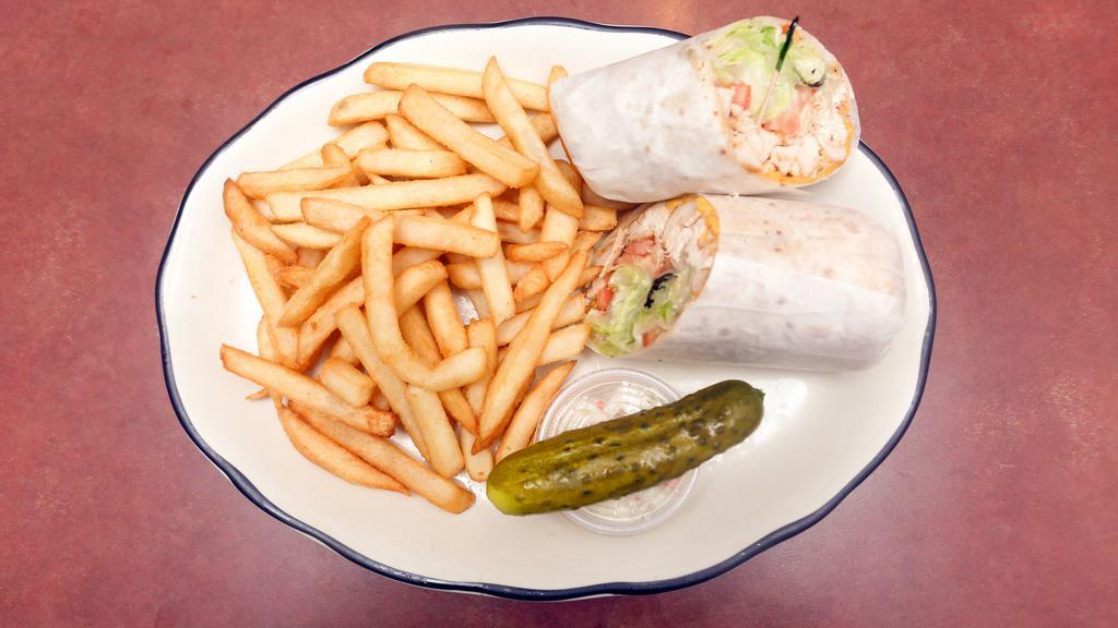 Fried Chicken Club · Served with lettuce, tomato, bacon, pickle, coleslaw and fries.