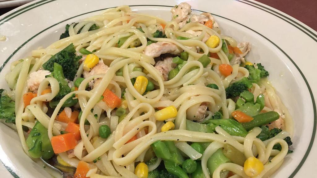 Chicken Primavera · Grilled chicken with sauteed vegetables in garlic and olive oil over linguini. Served with a cup of soup or salad.