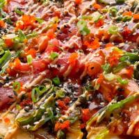 Crispy Sushi Pizza · Crispy Scallion Pancake | Sliced Salmon | Sliced Tuna | Seaweed Salad | Sriracha Aioli | Swe...