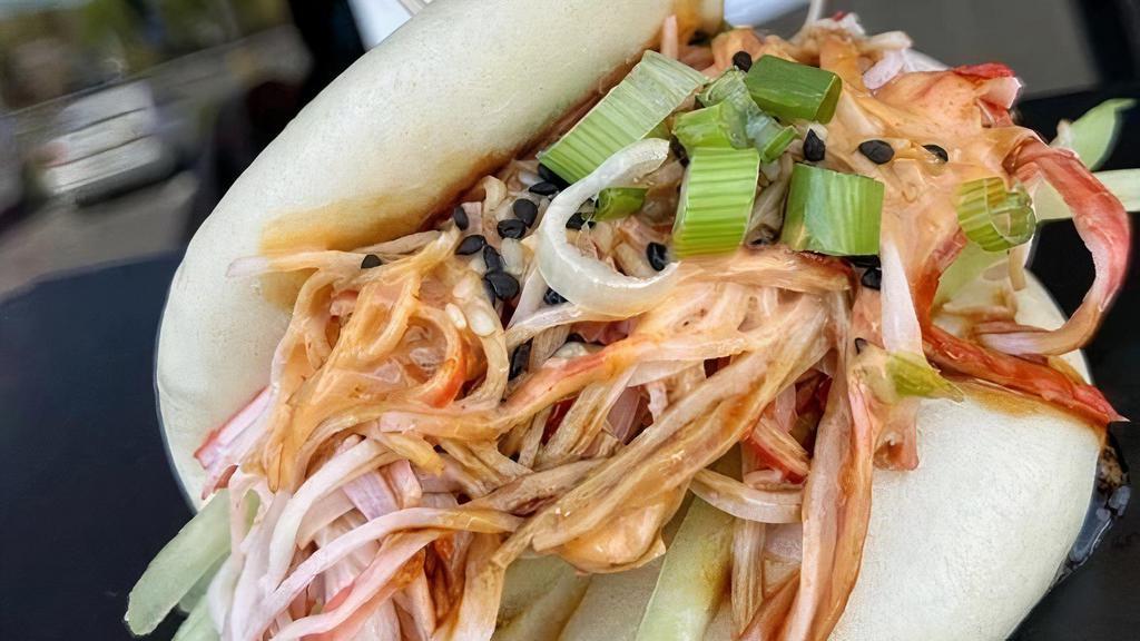 Krabby Patty Bao Buns · Kani Salad | Julienne Cucumber | Avocado | Sriracha Aioli | Sweet Teriyaki | Sesame Seeds | Scallions