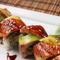 Phoenix Roll · Inside spicy salmon, shrimp tempura with eel, and avocado.