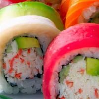 Rainbow Roll · Crab meat, cucumber, avocado top tuna, salmon, and yellowtail.