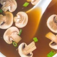 Mushroom Soup · Shiltake with wakame, fried onion.