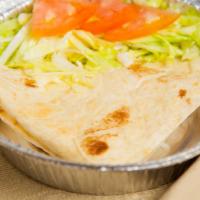 Cheese Quesadilla · Vegetarian. Served with mozzarella cheese, lettuce and tomatoes, hot sauce and sour cream.