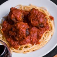 Spaghetti & Meatballs · Spaghetti topped with hand-rolled beef and pork meatballs and covered with more made-from-sc...