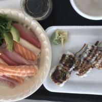 Chirashi Bowl · Six kinds of fish over white rice, avocado, seaweed salad, asparagus, tamago, and cucumber s...