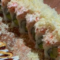 Broadway Roll Special · Shrimp tempura, avocado, lettuce, topped with crab salad, crunchy, and special sauce on top.