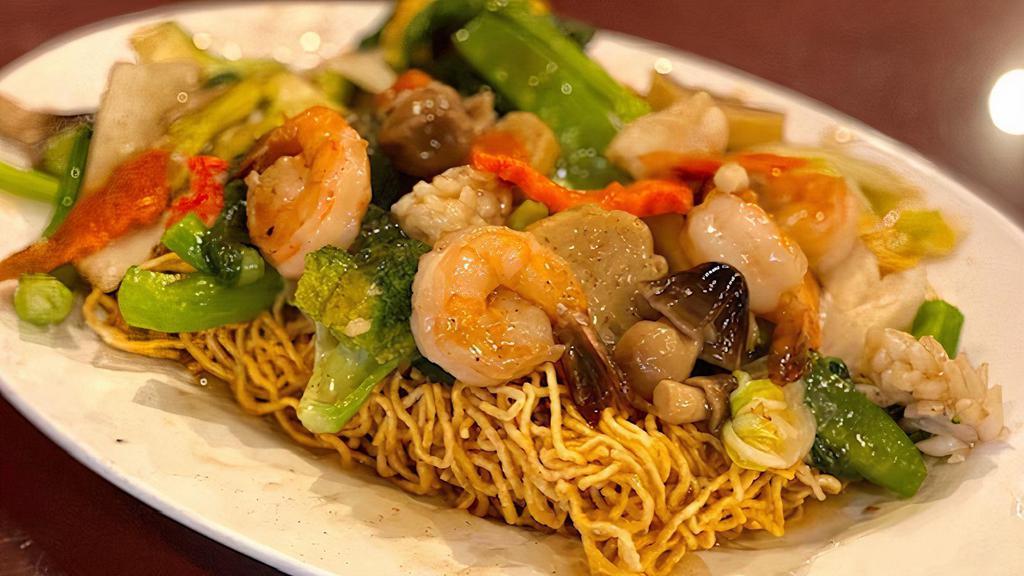 Seafood With Crispy Noodle · Crispy pan fried egg noodles served with a combination of seafood and vegetables.
