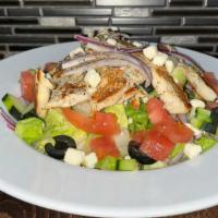 Greek Salad · Romaine, tomatoes, Red onion,. Feta, Olives, House Dressing. Chicken+4 Grilled Shrimp+U
